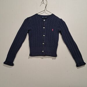 Ralph Lauren Youth Girls Small Ruffle Cable Knit Cardigan Navy